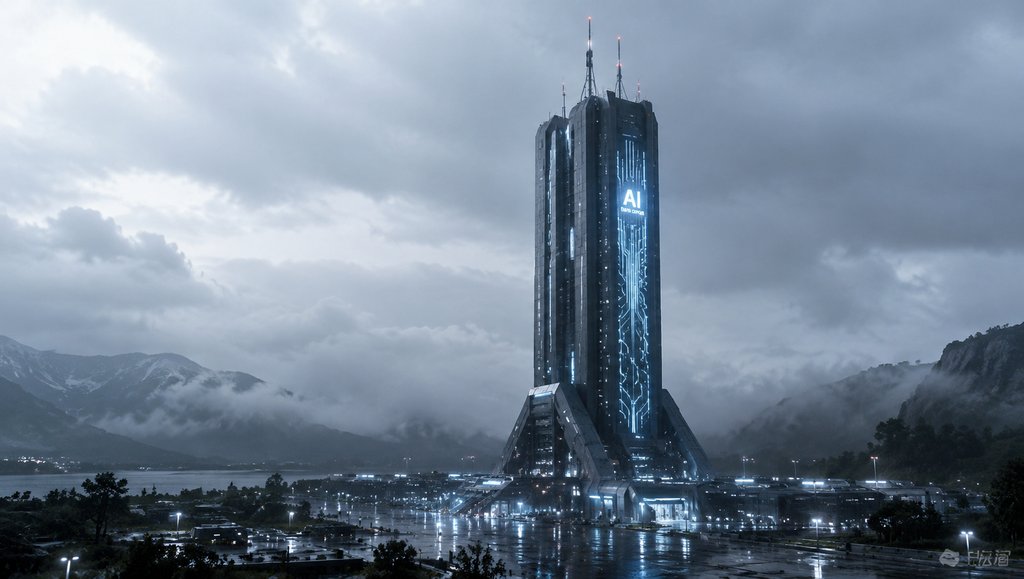 未来AI数据中心塔，发光数据纹路，天线阵列，硬科幻写实风格建筑