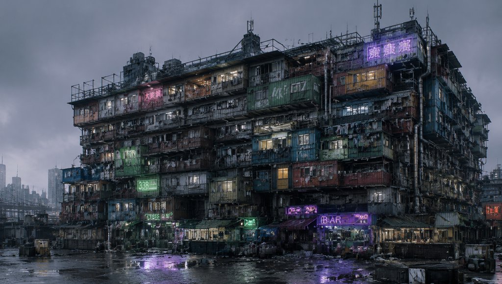 赛博朋克风格贫民窟建筑,集装箱堆叠,霓虹灯闪烁,雨夜湿漉地面反射光