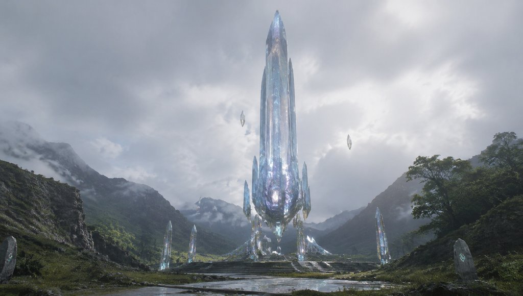 外星水晶塔,透明棱柱晶体悬浮于山谷,晶光闪耀,硬科幻写实风格建筑