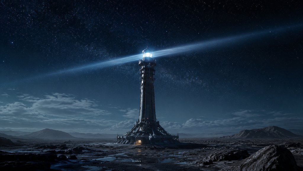 星际灯塔在星空下发出旋转光束，硬科幻风格写实建筑