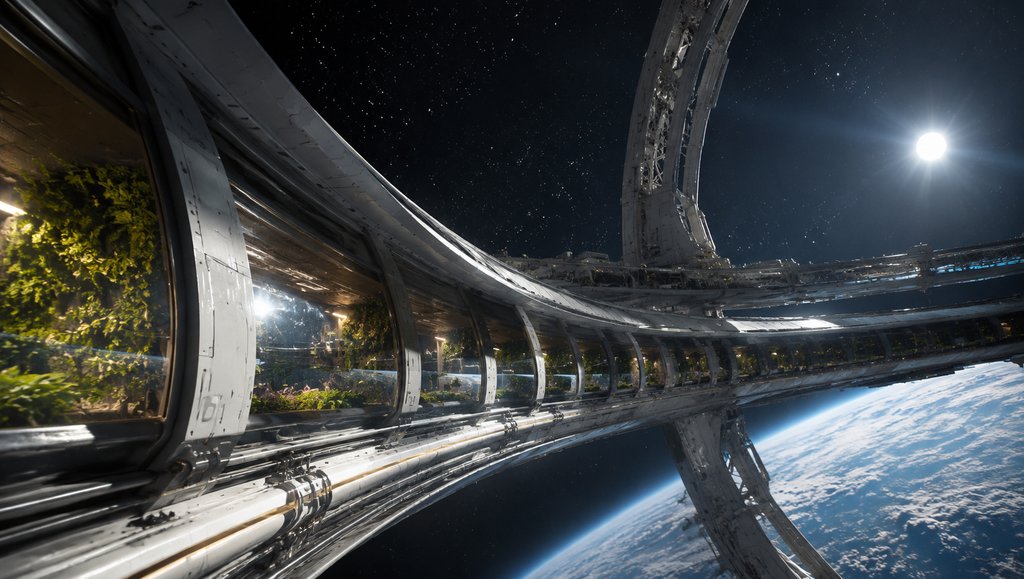 轨道环居住舱，弧形舱体带舷窗绿化，星空背景，硬科幻写实风格