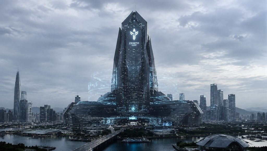 未来赛博风格企业总部，棱角玻璃幕墙建筑，发光徽标与全息投影，硬科幻写实风格