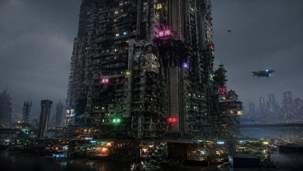 未来贫民塔楼,密集舱窗与乱接管线,霓虹灯闪烁,硬科幻写实风格建筑