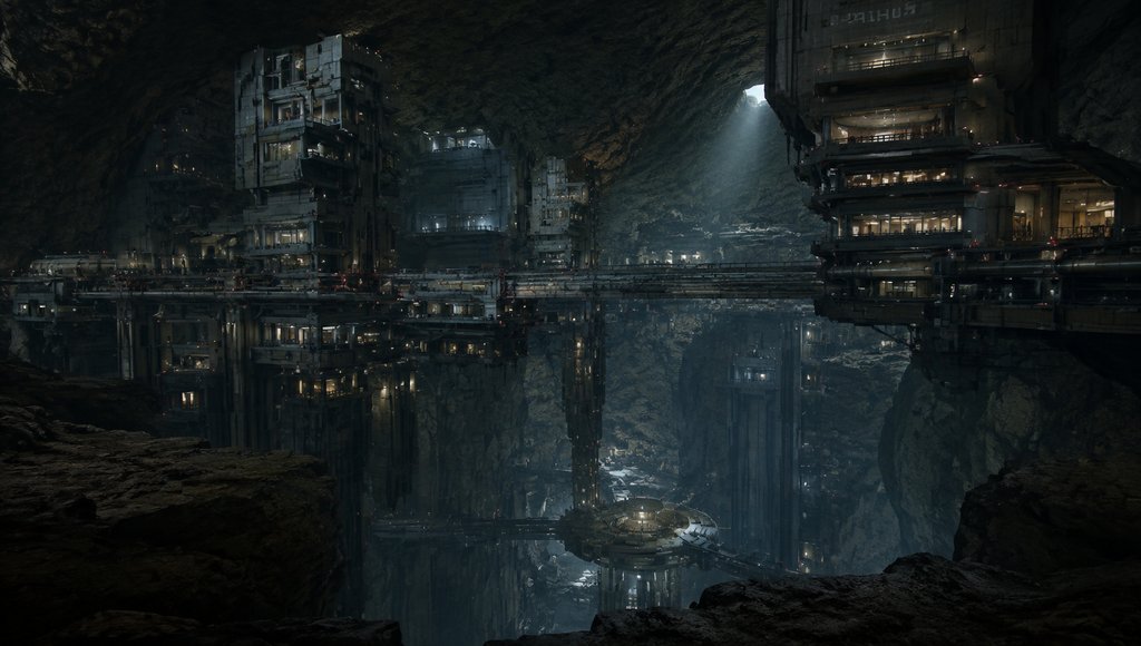 地下避难城中的悬挂楼宇与光桥,硬科幻写实风格建筑群倒映在静水中