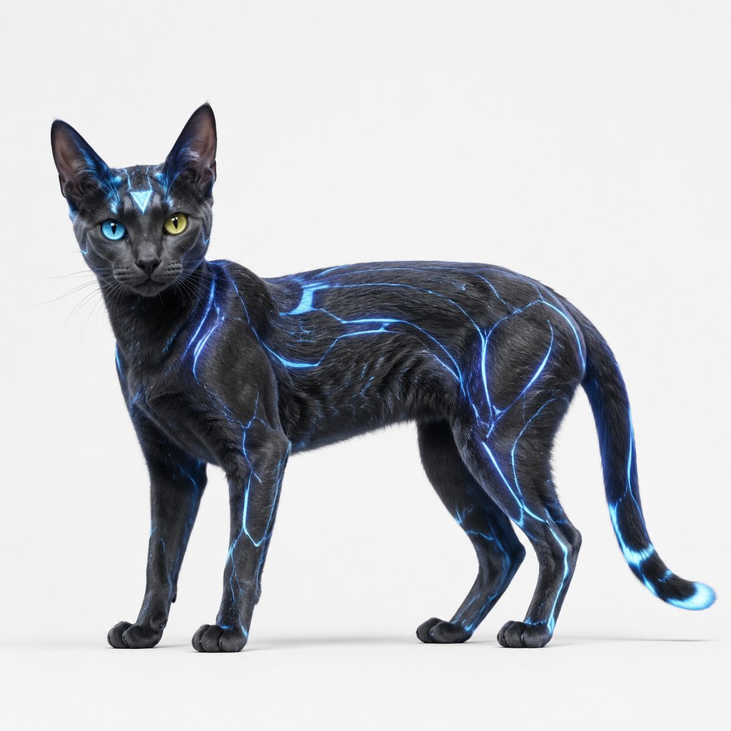 黑色基因改造猫,蓝色发光纹路,异色瞳孔,硬科幻写实风格