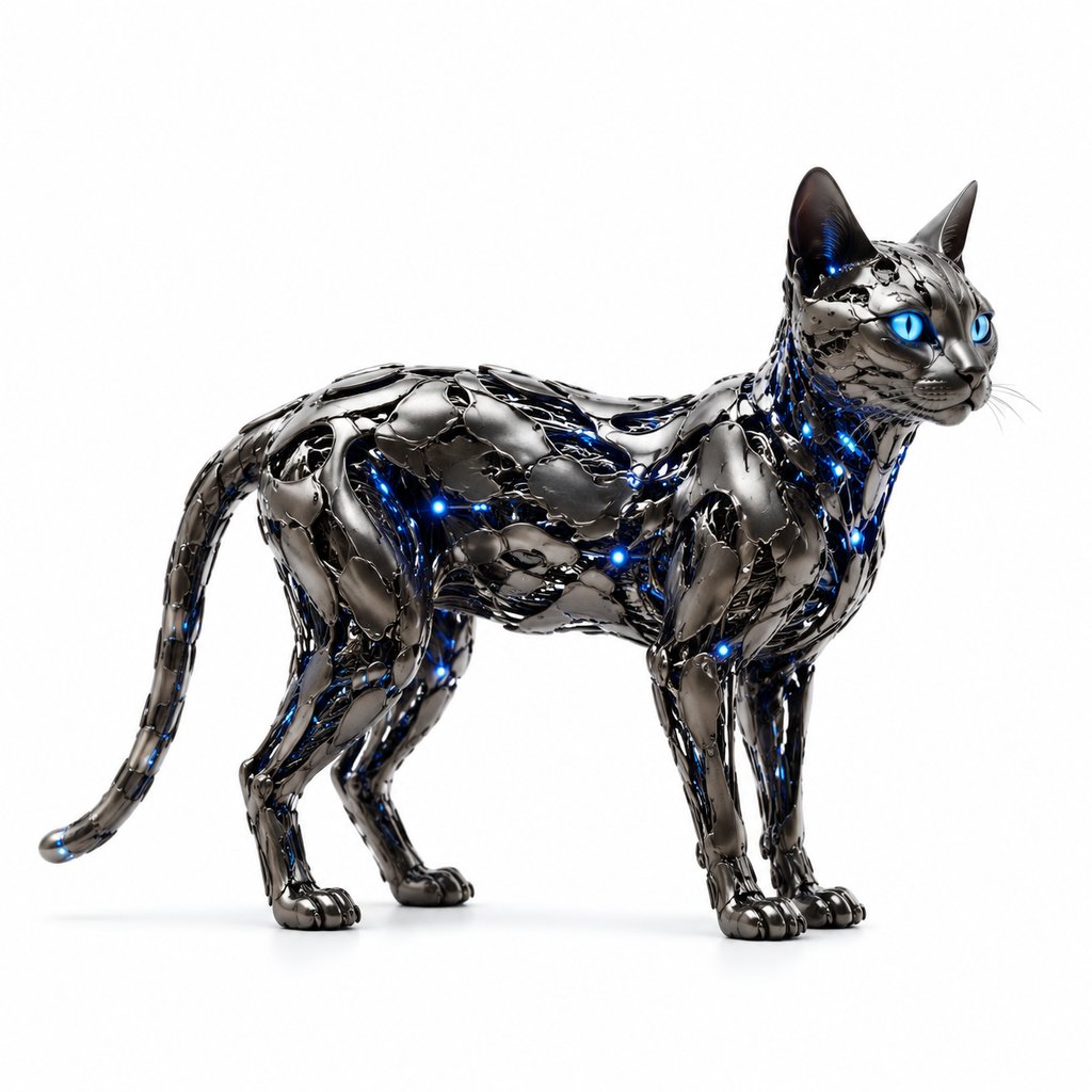 纳米机械猫，金属微粒构成，蓝色发光点，硬科幻写实风格