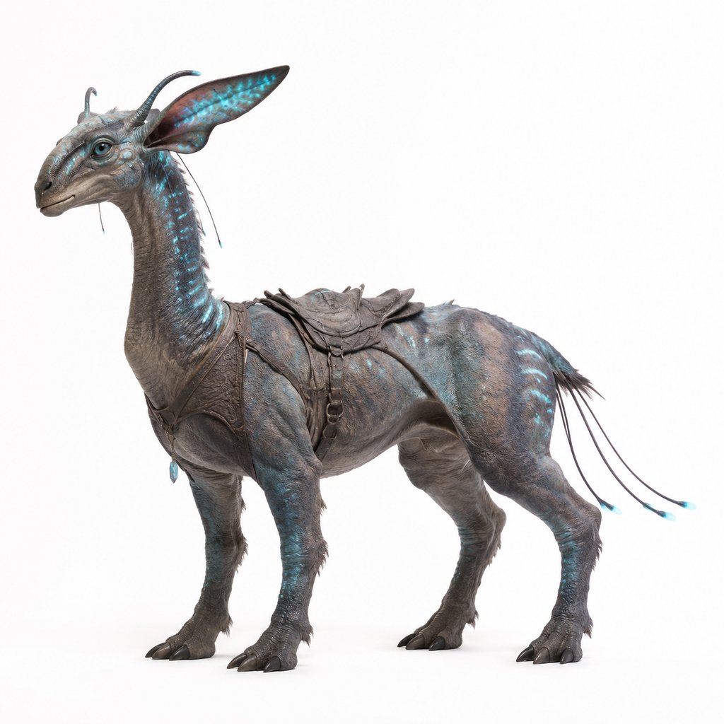 外星驯养兽，蓝色发光纹理，佩戴鞍具，硬科幻写实风格3D动物