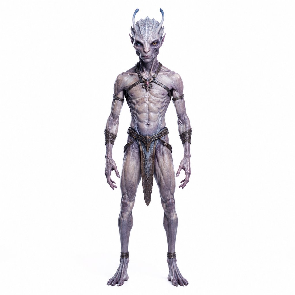 外星类人生物，异色皮肤，触角与异瞳，硬科幻写实风格3D模型