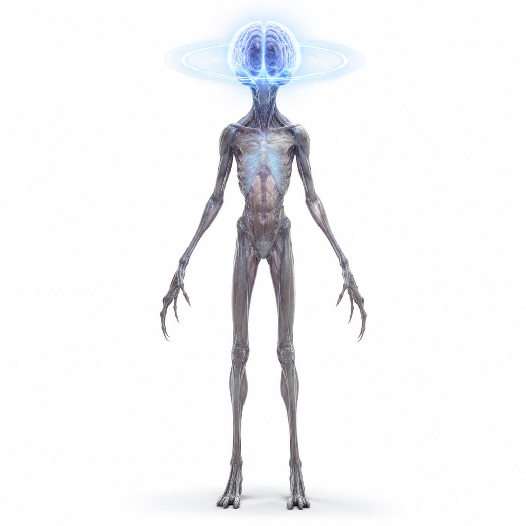 外星灵能生物，纤细躯体，发光大脑与念力光环，硬科幻写实风格