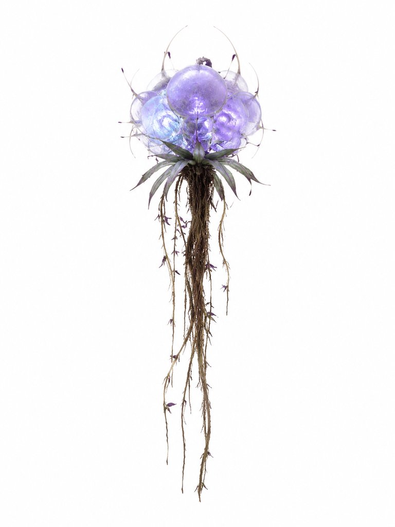 外星浮空植物，紫色发光球叶，根须垂落，梦幻硬科幻写实风格
