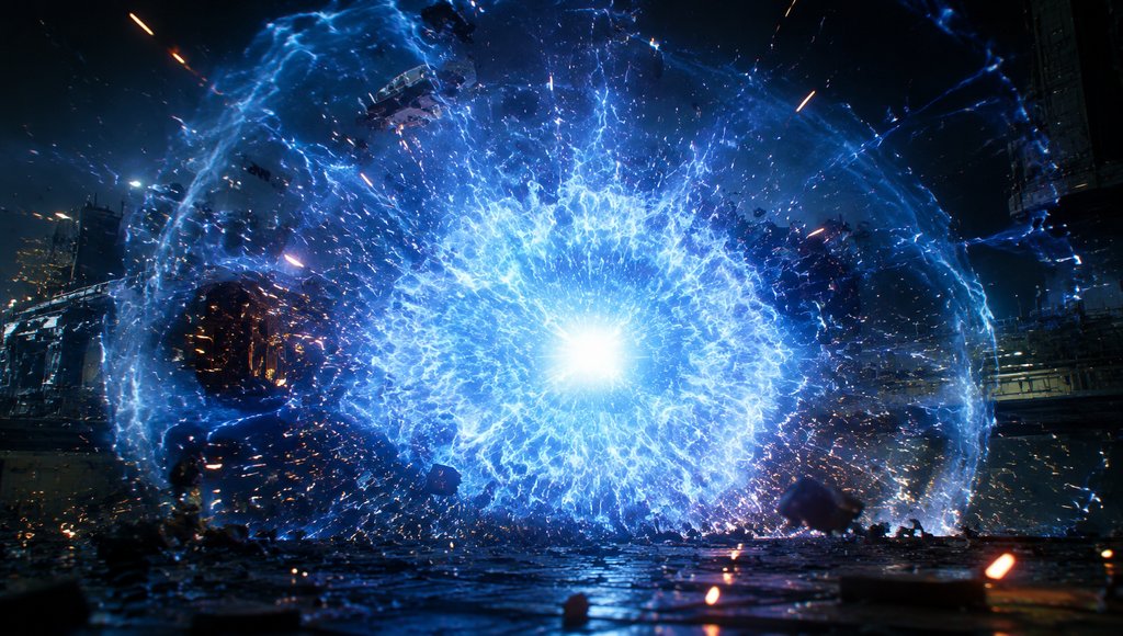 蓝色等离子爆炸光球，电弧四射，冲击波扩散，硬科幻写实风格