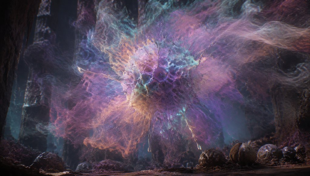 外星孢子释放五彩迷幻烟雾，飘散于洞穴中，硬科幻写实风格