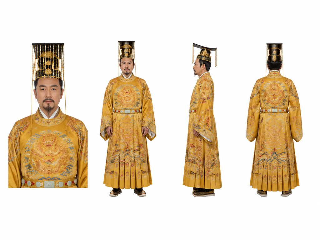 身穿明黄龙袍的皇帝，头戴冕旒，正面、侧面、背面多角度展示，写实古装宫廷风格