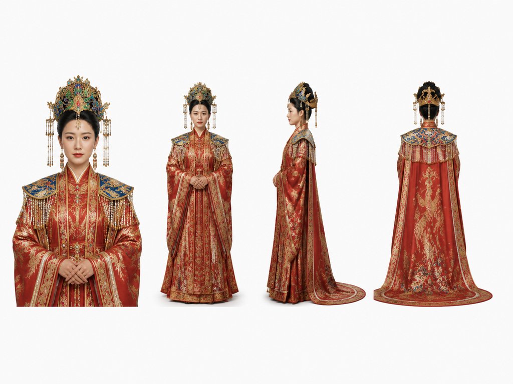 AI生成的皇后角色,身着织金翟衣与九凤冠点翠,霞帔垂落,古装宫廷写实风格