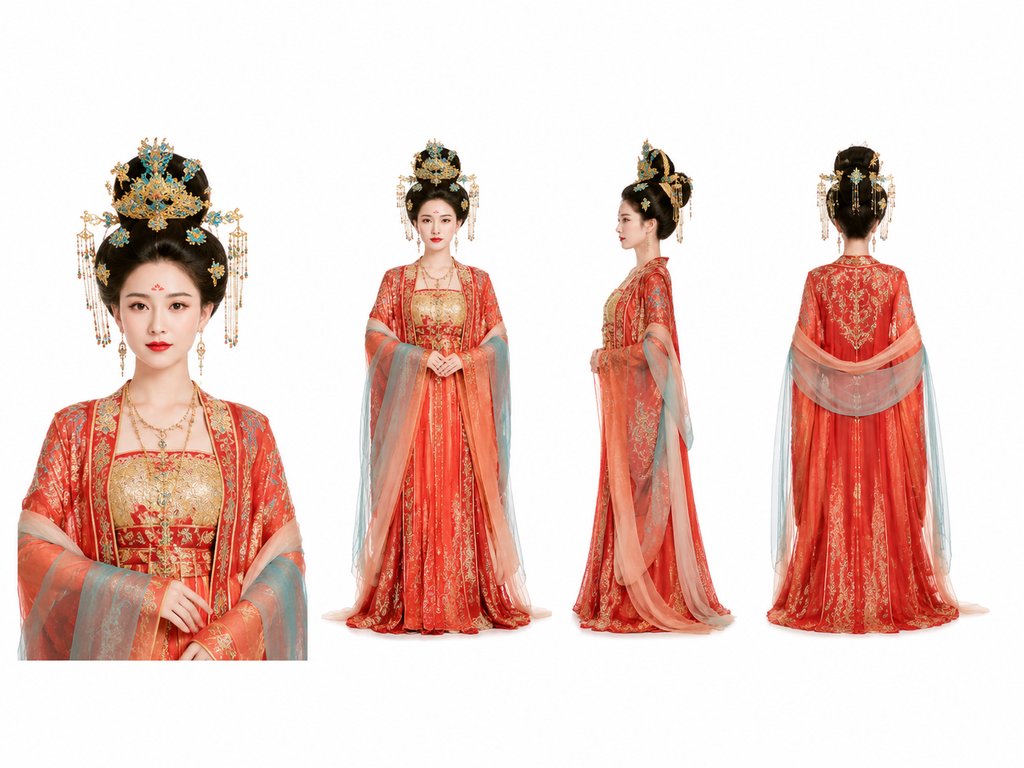 AI生成的贵妃古装写实角色图,身着织金宫装,佩戴点翠步摇与披帛,展现唐代宫廷风韵