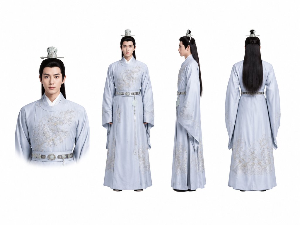 古装太子身穿绣龙常服,佩戴玉冠与玉佩,写实风格3D角色图