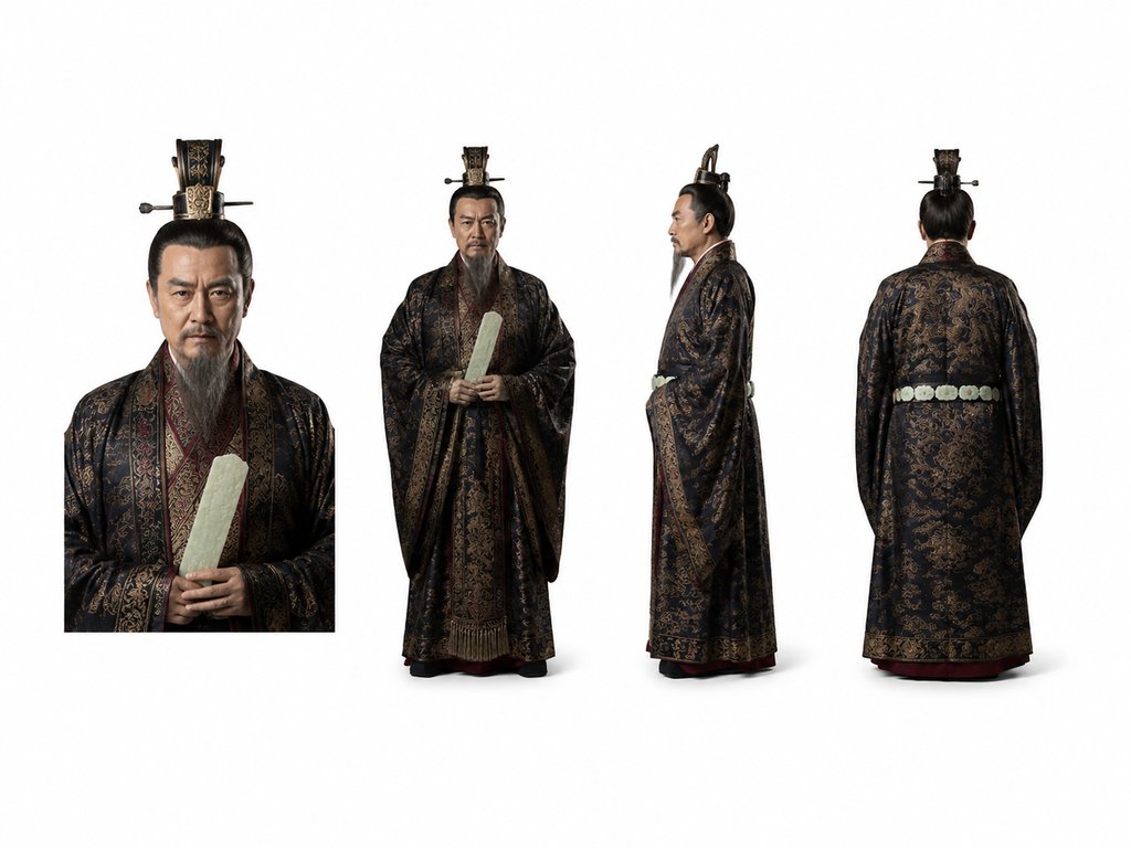 古装丞相权臣，身着锦朝服，手持玉笏板，长须飘逸，写实风格3D角色图