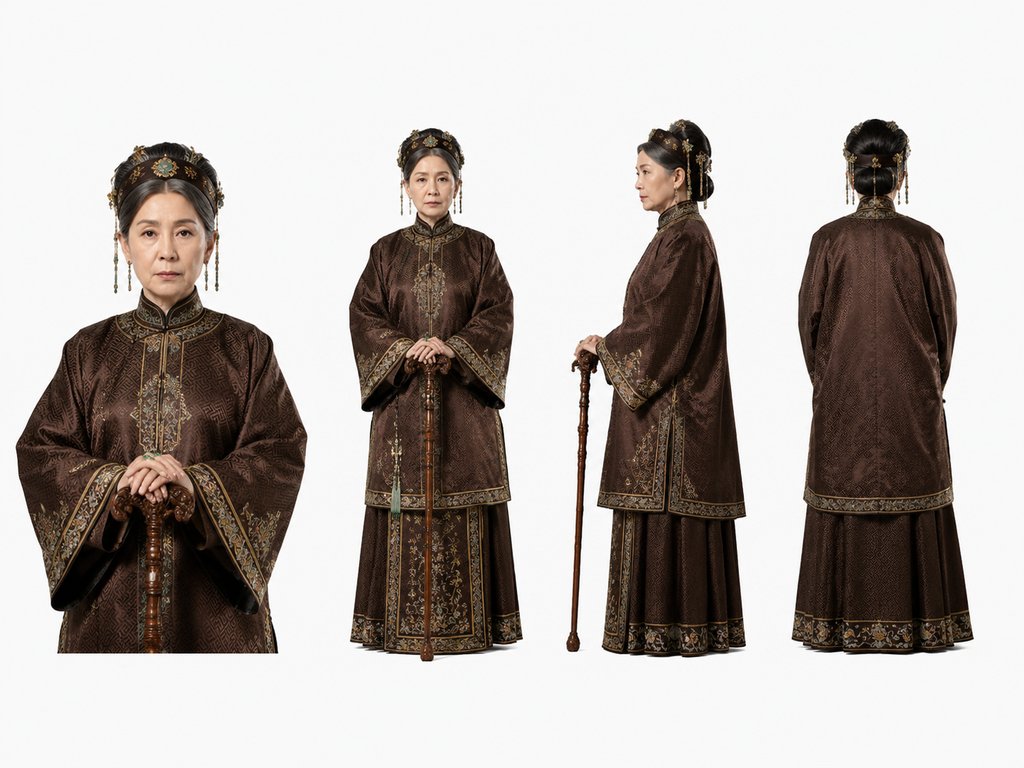 古装老夫人身穿万字纹袄裙，头戴抹额，手持拐杖，写实风格宫廷角色图