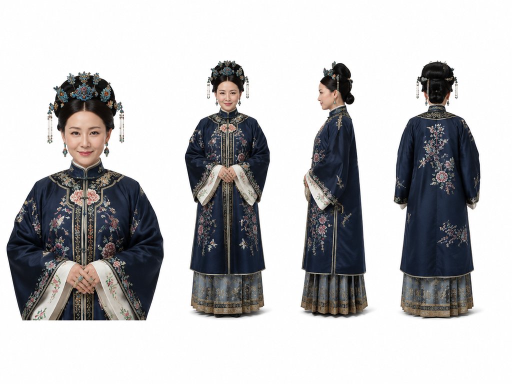 古装宫廷女性角色,石青色绣花褙子,点翠头饰,写实风格