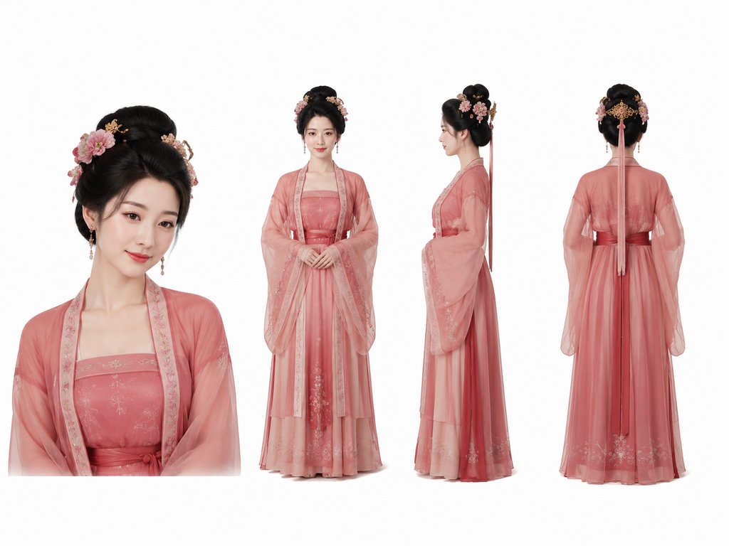 古装宫廷女性角色,粉色襦裙,绢花发饰,含媚神态,写实风格