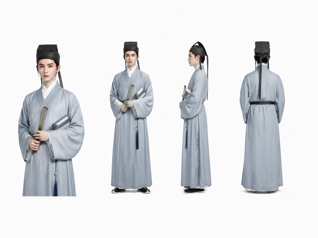 古装书生身穿青衫,头戴方巾,手持书卷,写实风格3D角色图