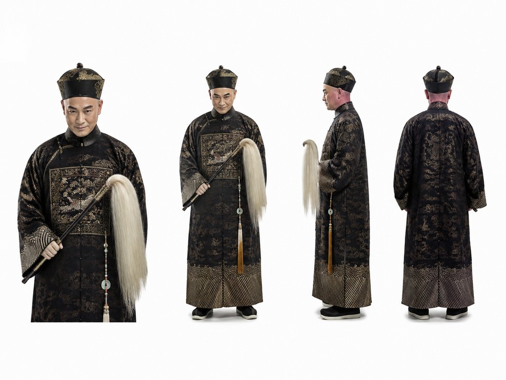 身穿蟒纹太监服的古装男性角色,手持拂尘,多角度展示,写实风格