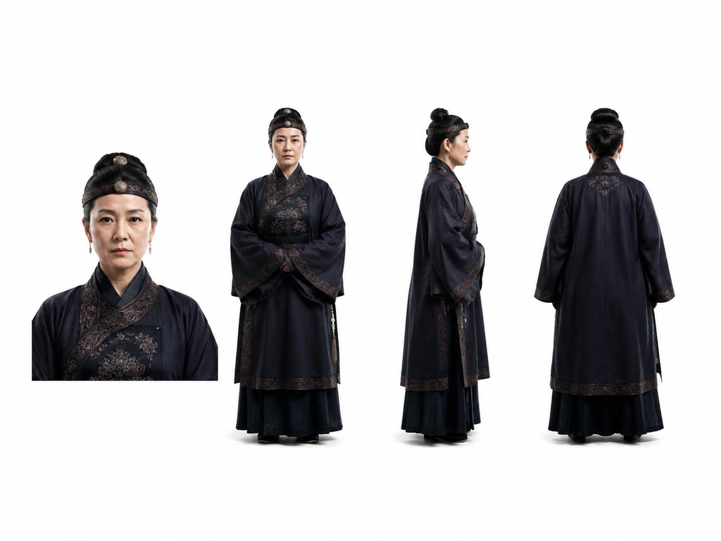古装宫廷嬷嬷,身穿深色素宫装,佩戴抹额,神情严厉,写实风格3D角色图