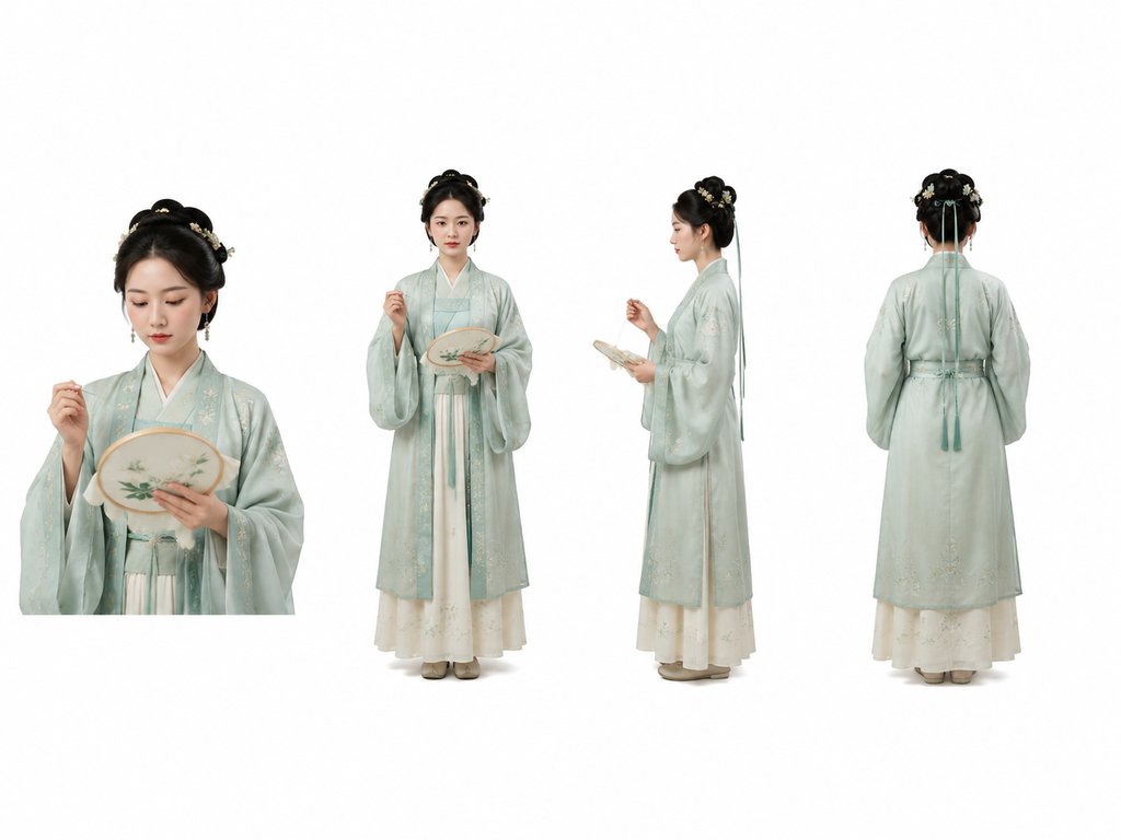 古装绣娘手持绣绷，身着青色汉服，精致发饰，写实风格