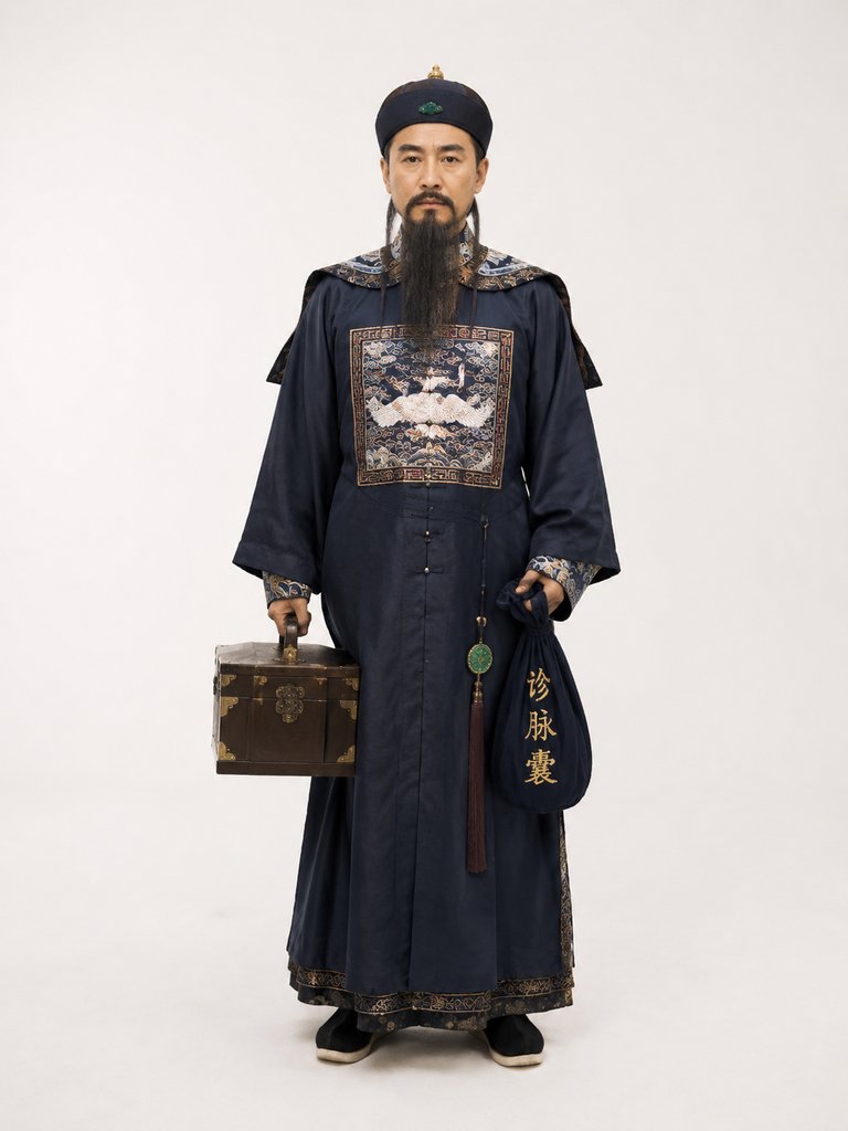 身穿青色官服的古代御医，手持药箱与诊脉囊，长须飘逸，写实古装宫廷风格