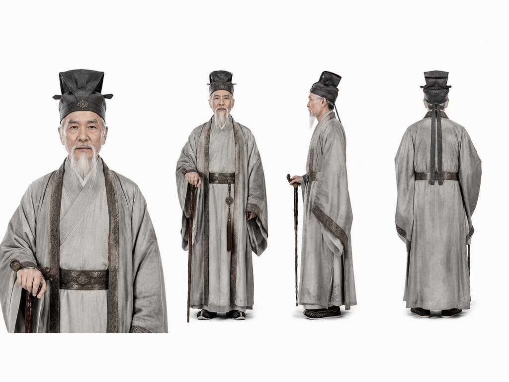 古装帝师老臣，白须长袍，手持拐杖，方巾深衣，写实风格