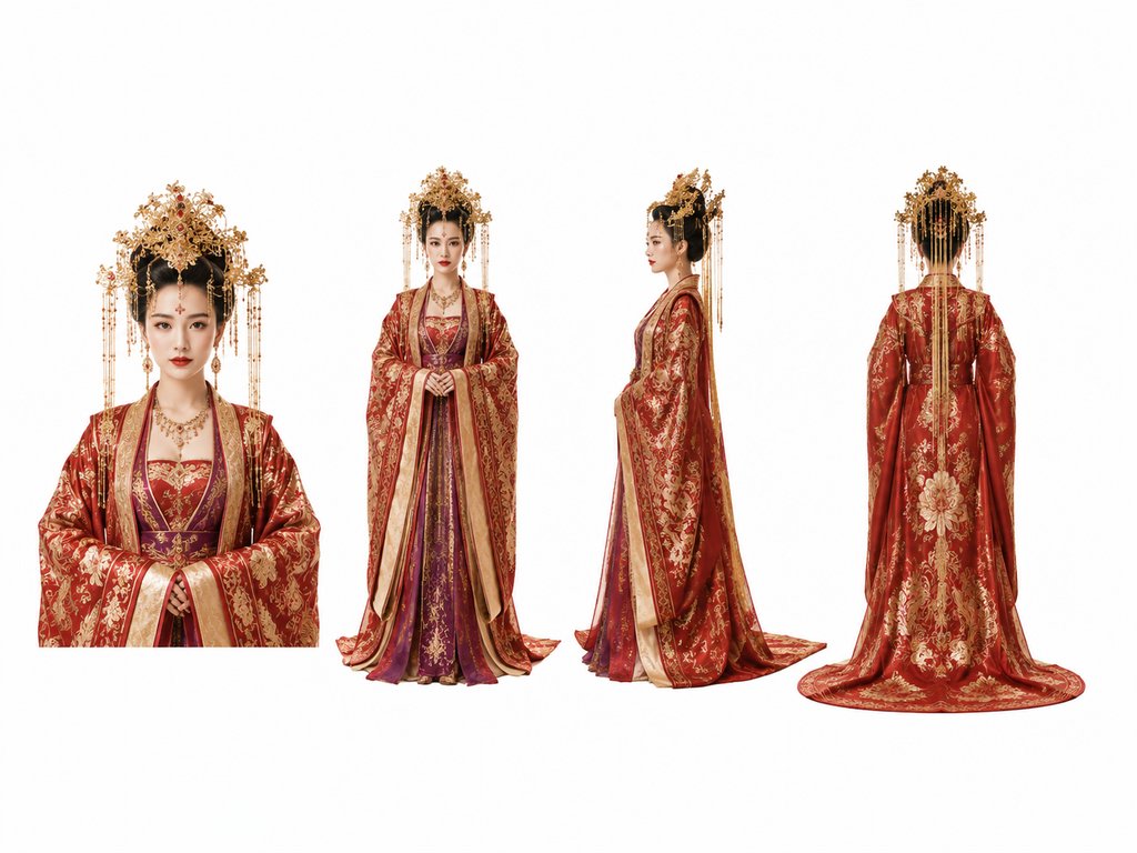 古装宠妃身着红金织锦宫装，头戴珠翠华胜，明艳端庄，3D写实风格