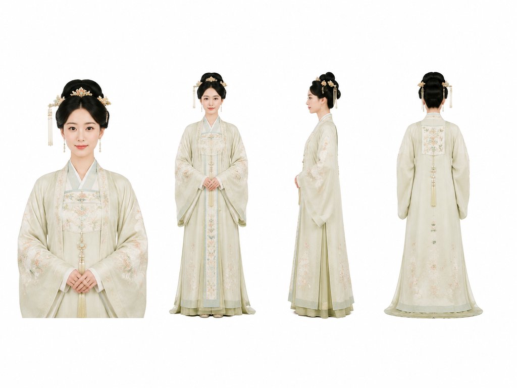 古装宫廷女性角色，身着素雅宫装，佩戴简素珠钗，温婉端庄，3D写实风格
