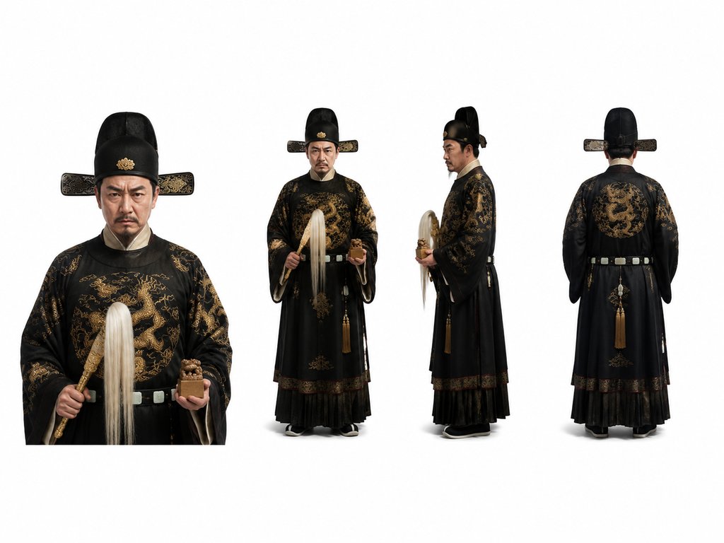 掌印太监身穿蟒服玉带，手持印信，古装宫廷写实角色图