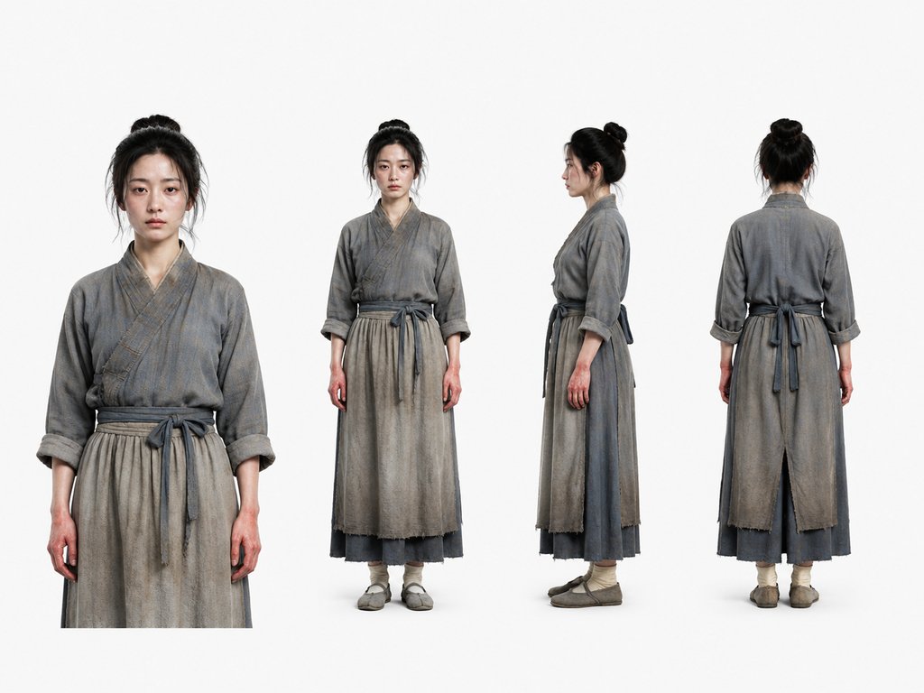 古装宫廷浣衣宫女，粗布旧裙，红肿双手，写实风格3D角色图