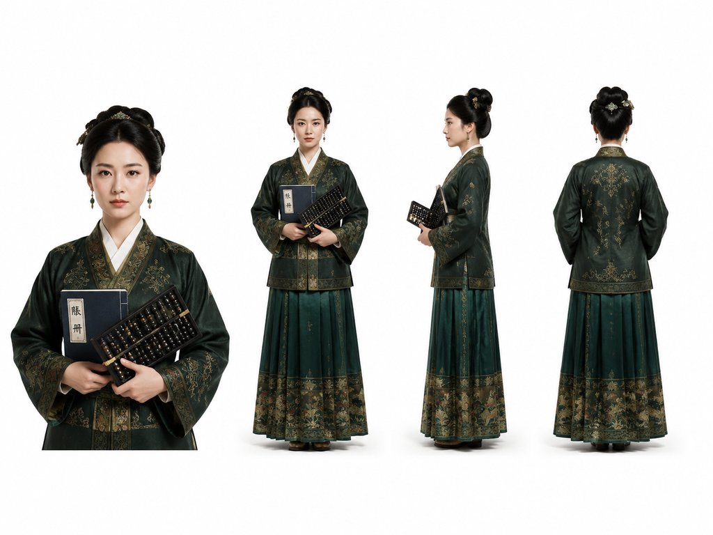 古装绣庄掌柜娘子，身着绫罗袄裙，手持算盘与账册，写实风格3D角色图