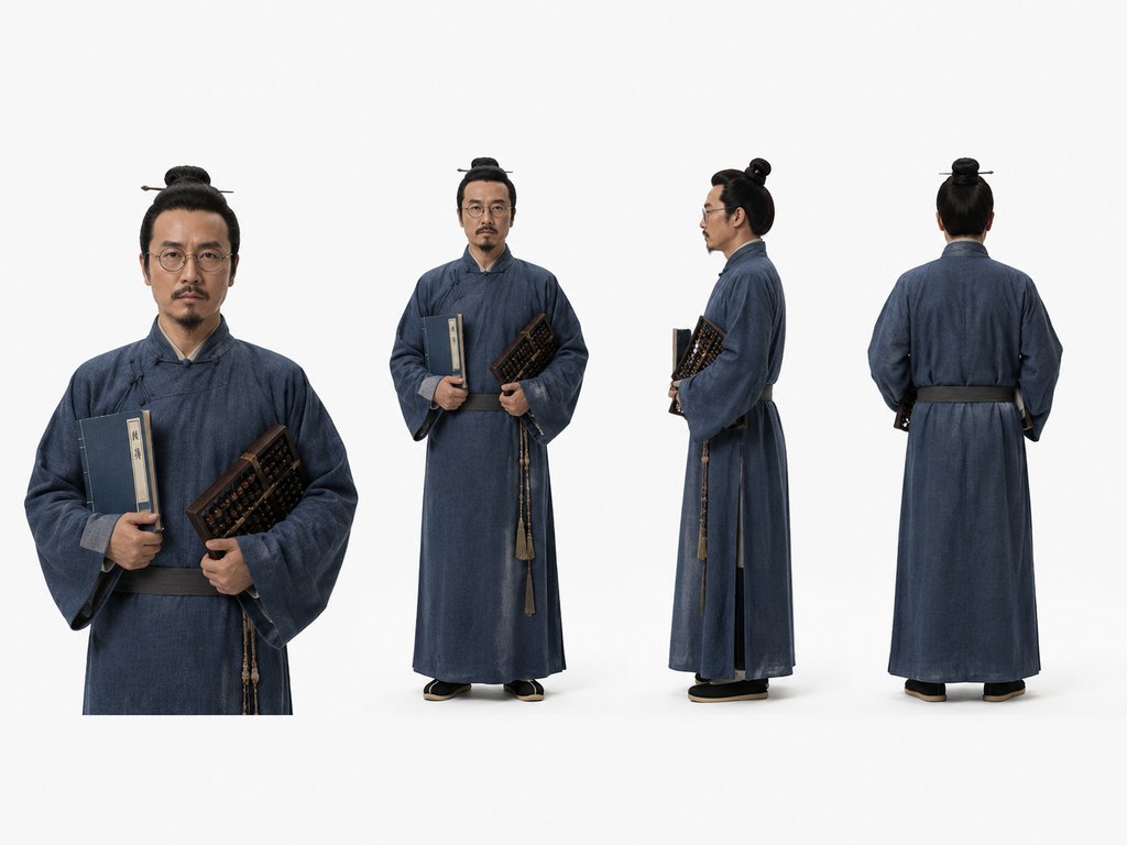 古装帐房先生手持算盘与账本,青衫长袍,戴眼镜,写实风格3D角色图