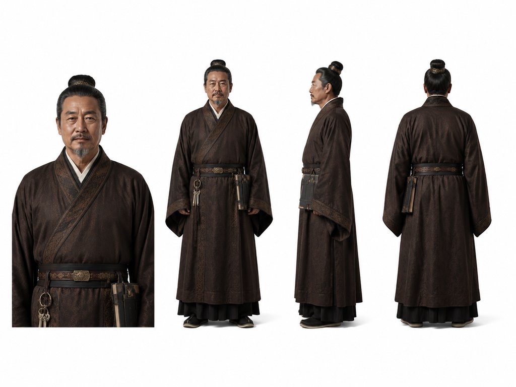 和善老管家身穿深褐长袍,佩戴钥匙串,古装宫廷写实风格3D角色图