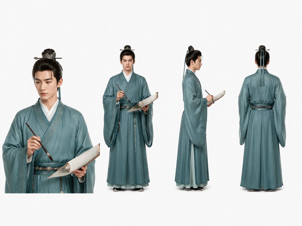 古装宫廷画师执笔画卷,青衫长袍,写实风格3D角色图