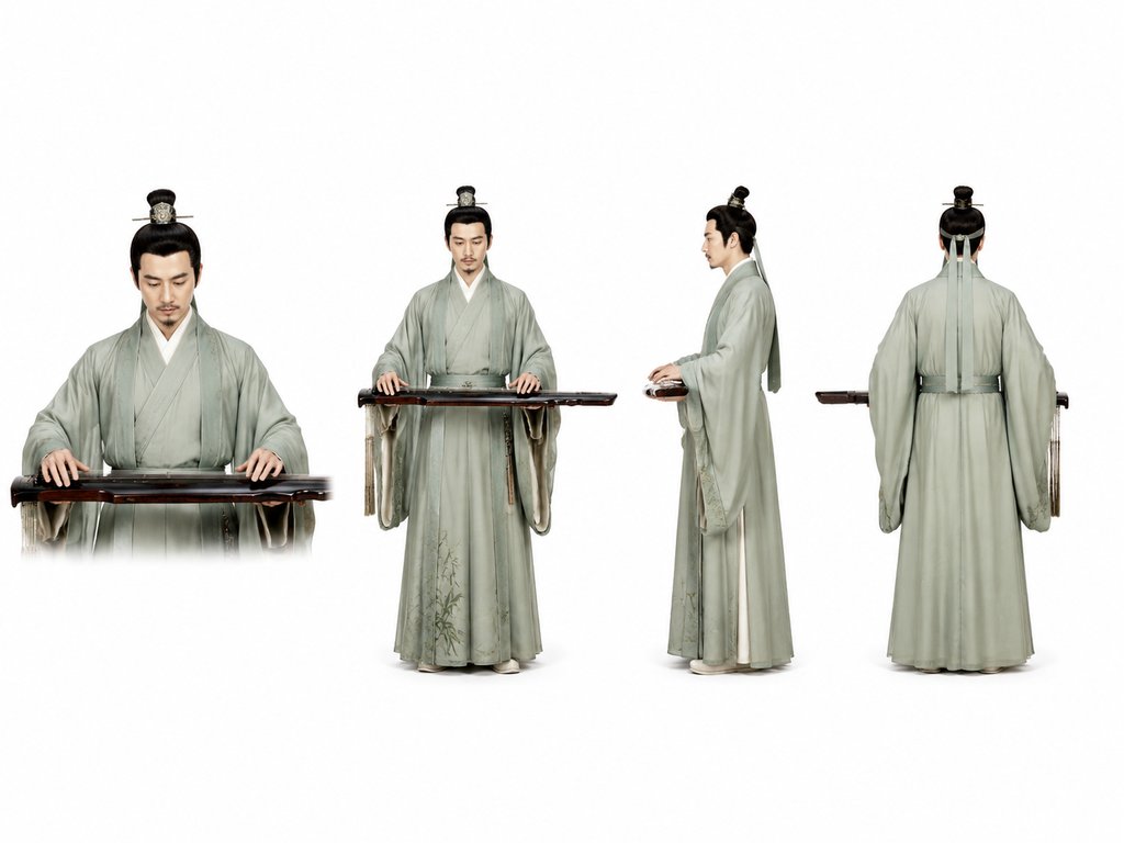 古装琴师身着素雅长衫,手持古琴,多角度展示,写实风格