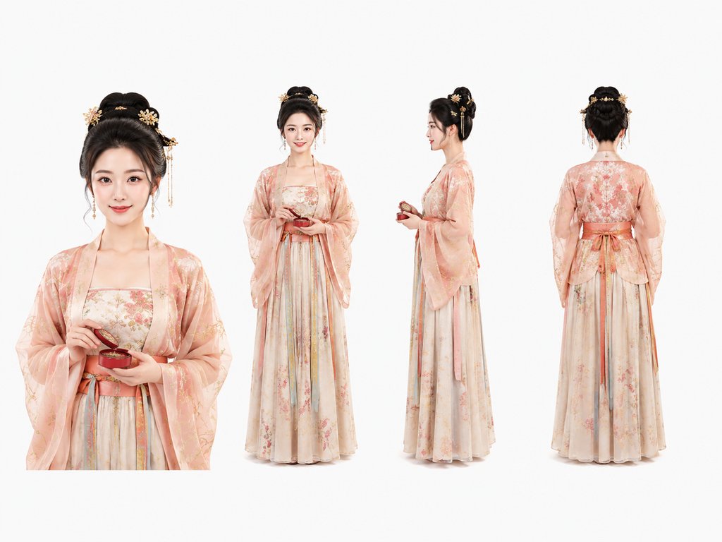 古装宫廷女掌柜,身着粉色花纹汉服,手持胭脂盒,精致发饰,写实风格