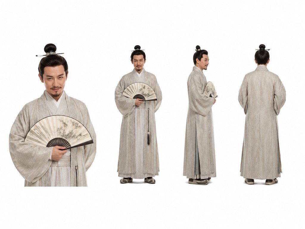 古装儒雅男子执扇，身穿长衫，多角度展示，写实风格