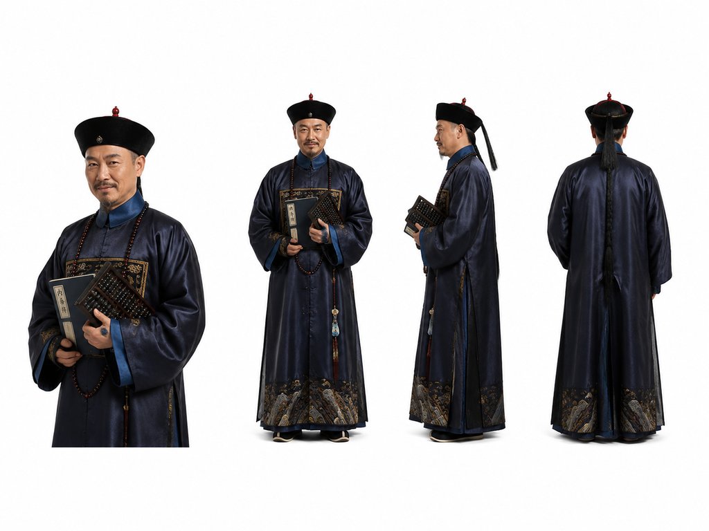 清代内务府总管身穿深蓝绸服,手持账册与算盘,佩戴朝珠,多角度写实古装角色图