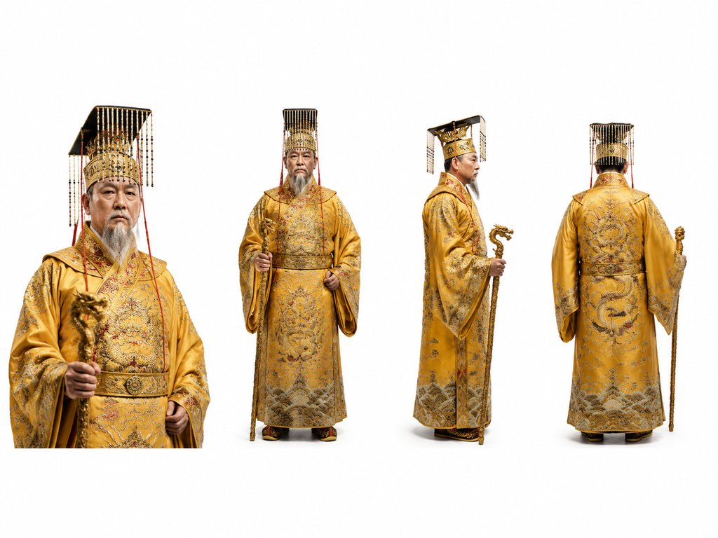 年迈帝王身着明黄龙袍,头戴冕旒,手持龙首拐杖,古装宫廷写实风格