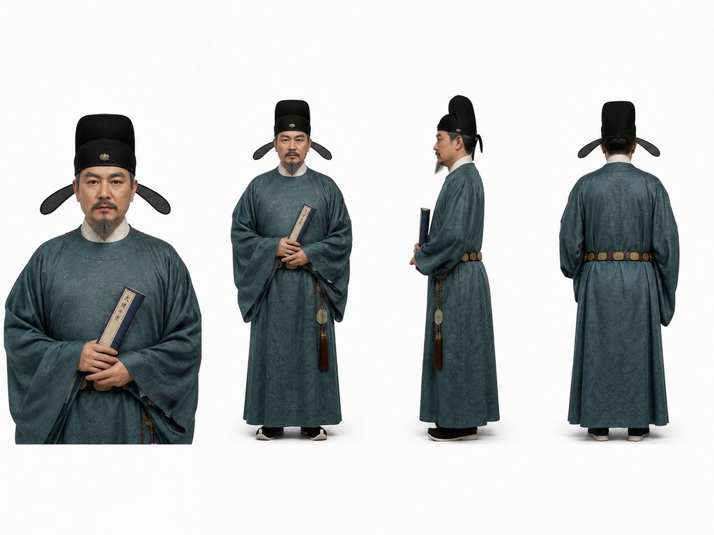 唐朝王府长史身穿青色官服，手持册卷，戴乌纱帽，写实古装宫廷角色