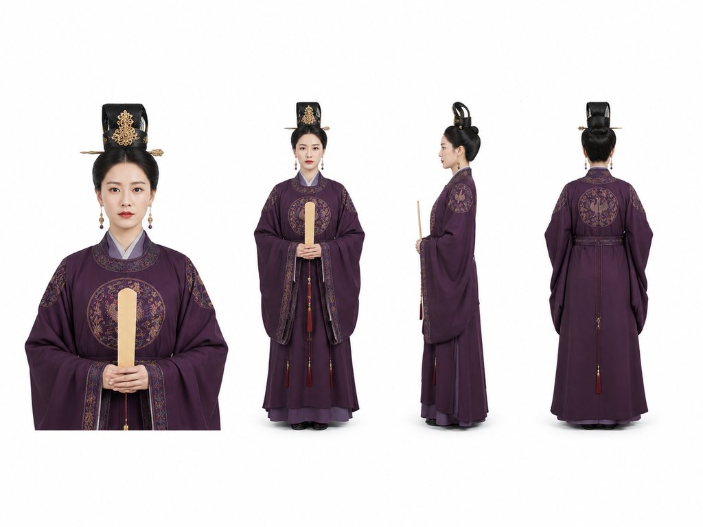 尚仪女官身着深紫色端肃古装，手持册笏，头戴华丽冠饰，展现宫廷威仪