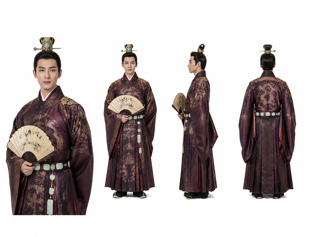 古装宗室郡王身着蟒袍玉带冠，手持折扇，写实风格宫廷角色图