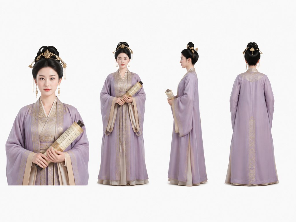 古装掌乐女官，身着淡紫雅致宫服，手持乐谱卷轴，发饰精致，写实风格