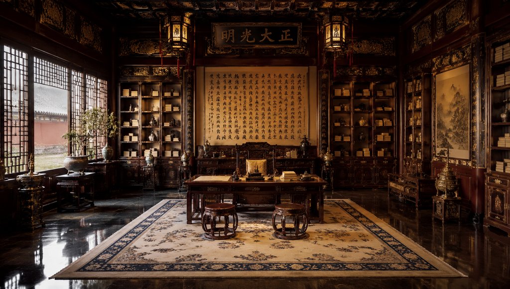 古代御书房，紫檀书案配奏折笔砚，两侧书架陈列典籍，中式宫廷写实风格