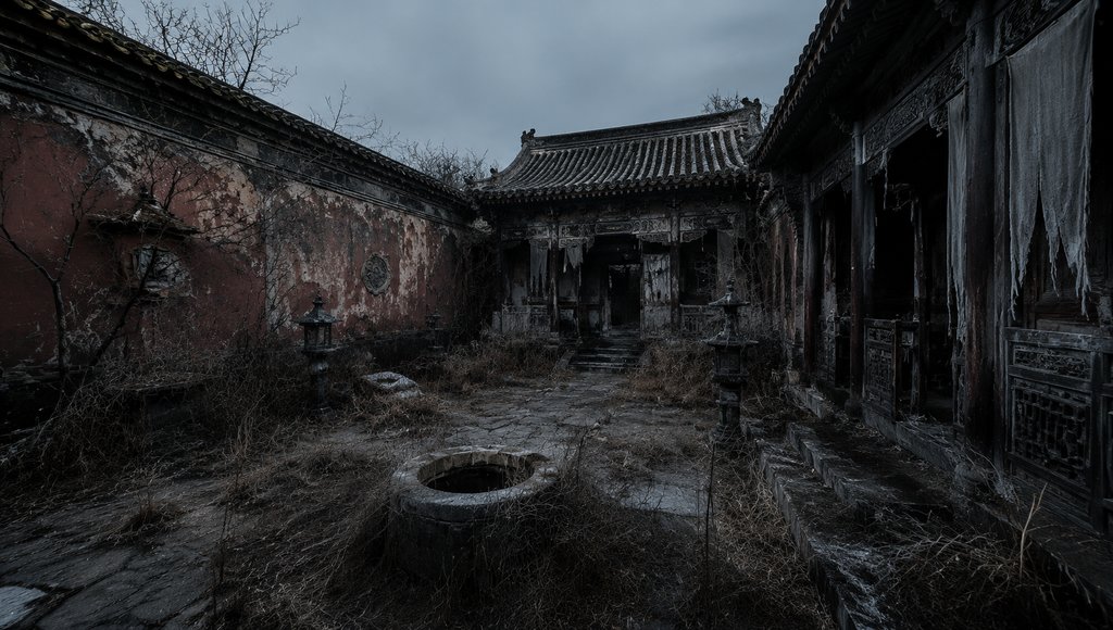 冷宫庭院,剥落宫墙与枯井荒草,古装宫廷写实场景