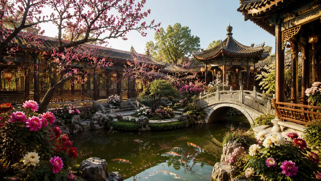 古典御花园,亭台水榭环绕锦鲤池,盛开牡丹海棠,写实古装宫廷场景